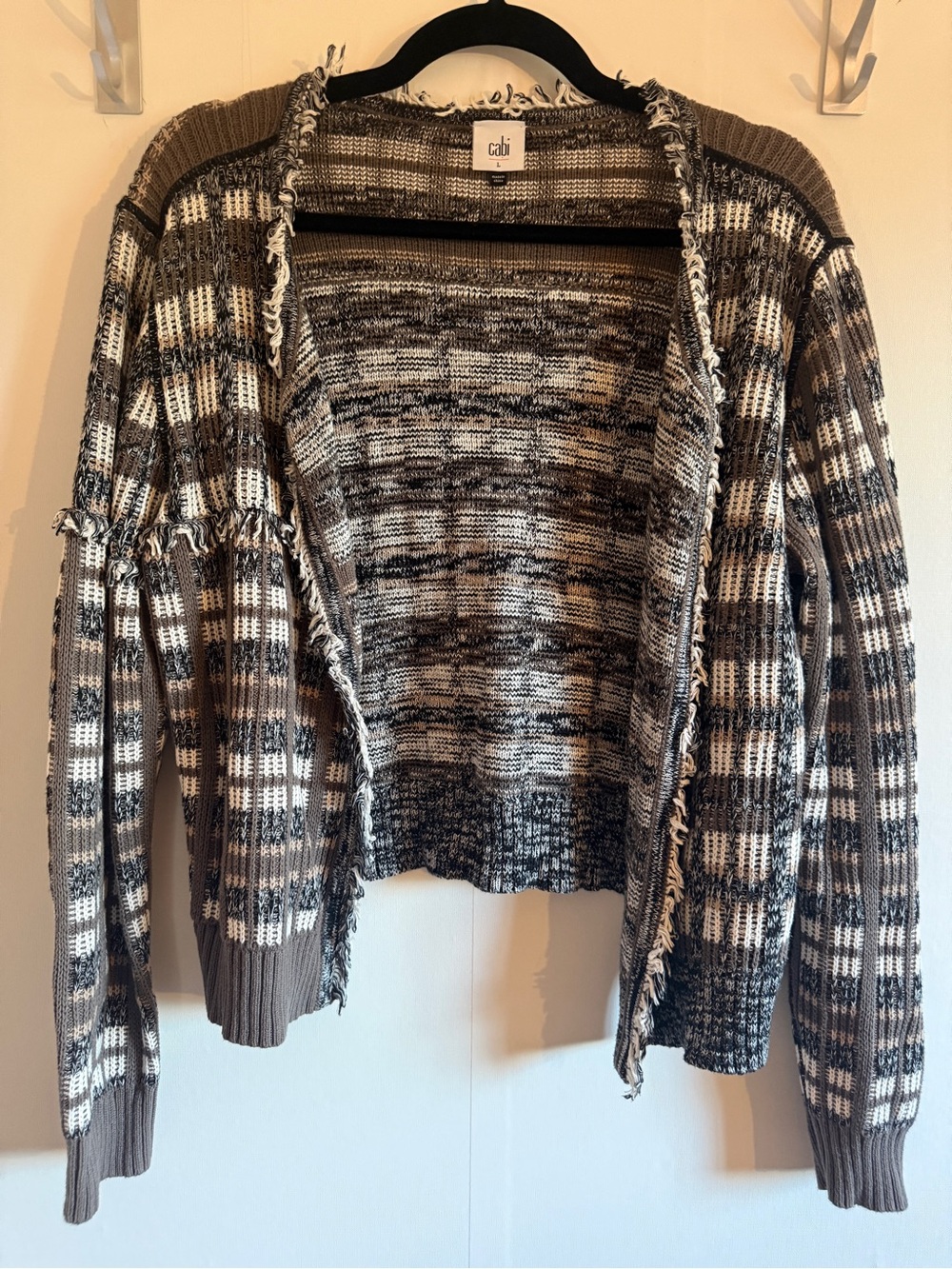 Cabi Open Front Fringe Trim Cotton Cardigan Sweater Brown Stripe Size Large